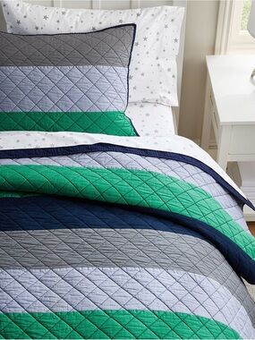 Pottery Barn Kids Block Stripe Quilt & Shams Full/Queen Blue/Green/Navy/Grey Set